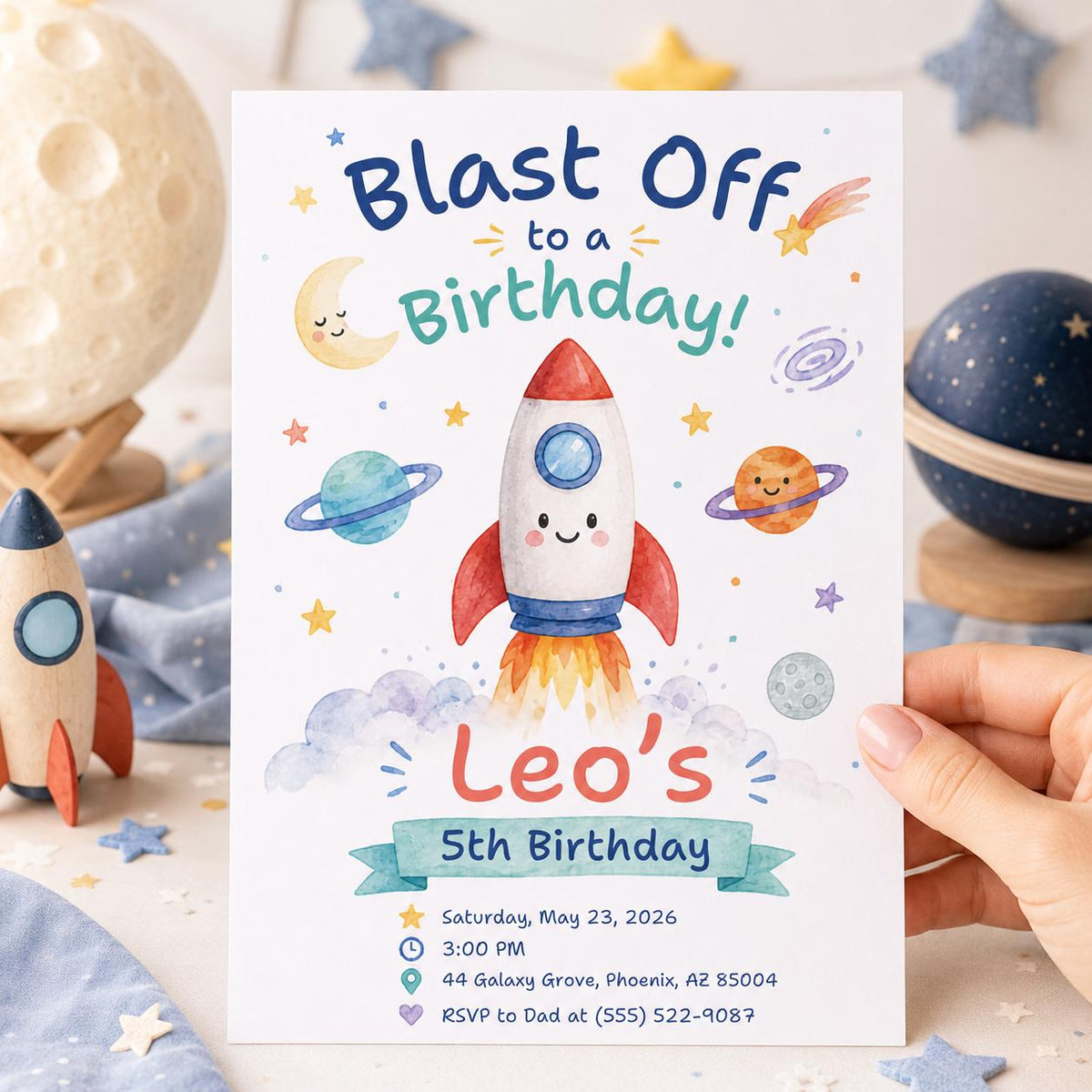 Space Birthday Invitation: Blast Off Rocket Party — invitation you personalize in Canva