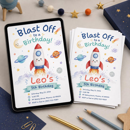 Space Birthday Invitation: Blast Off Rocket Party — print-ready birthday party design from VoltBy
