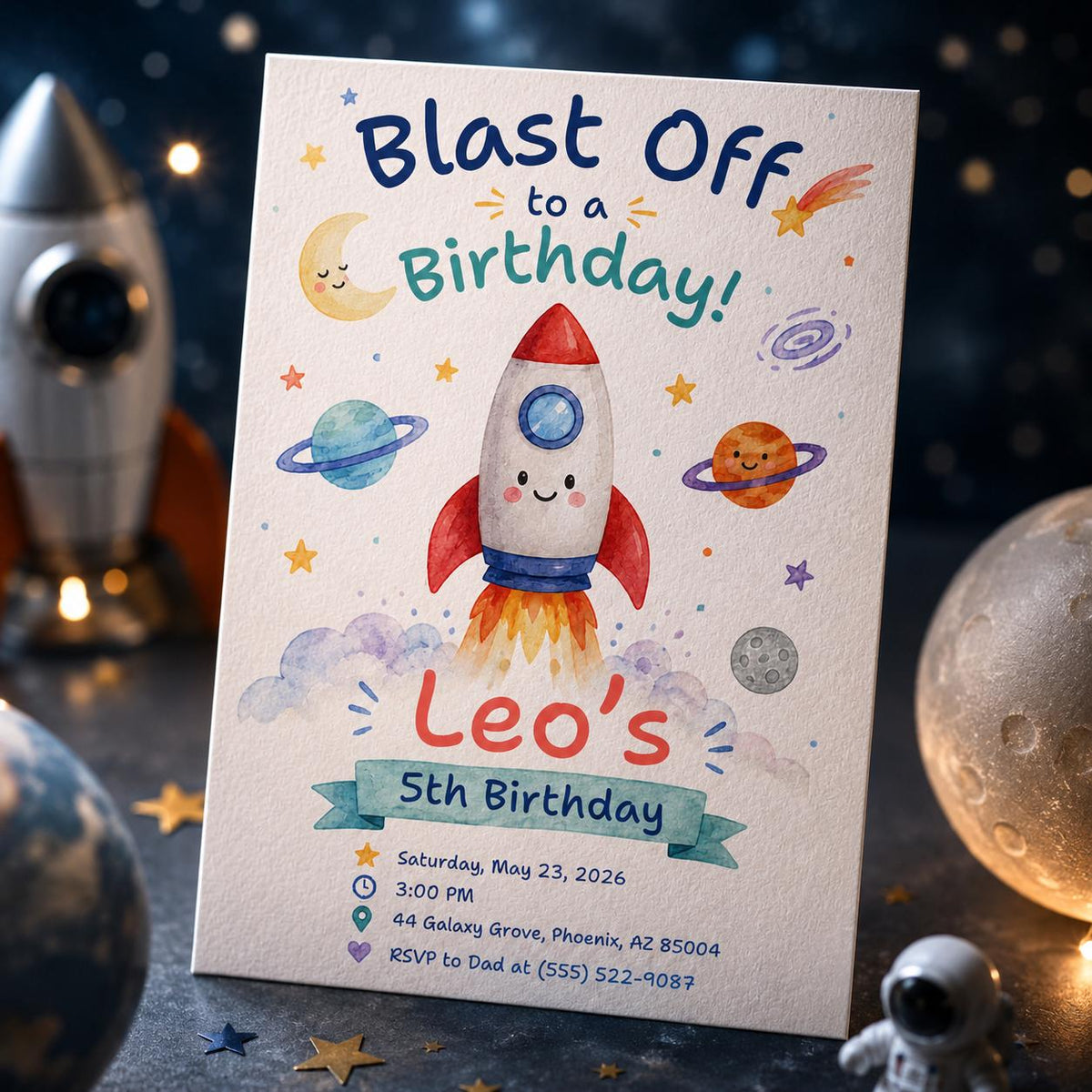 Space Birthday Invitation: Blast Off Rocket Party — digital invitation, instant download