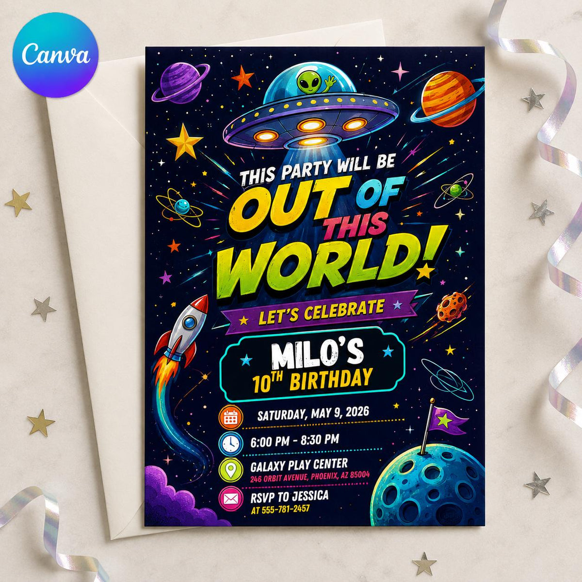 Space Birthday Invitation: Out of This World Party — editable Canva template