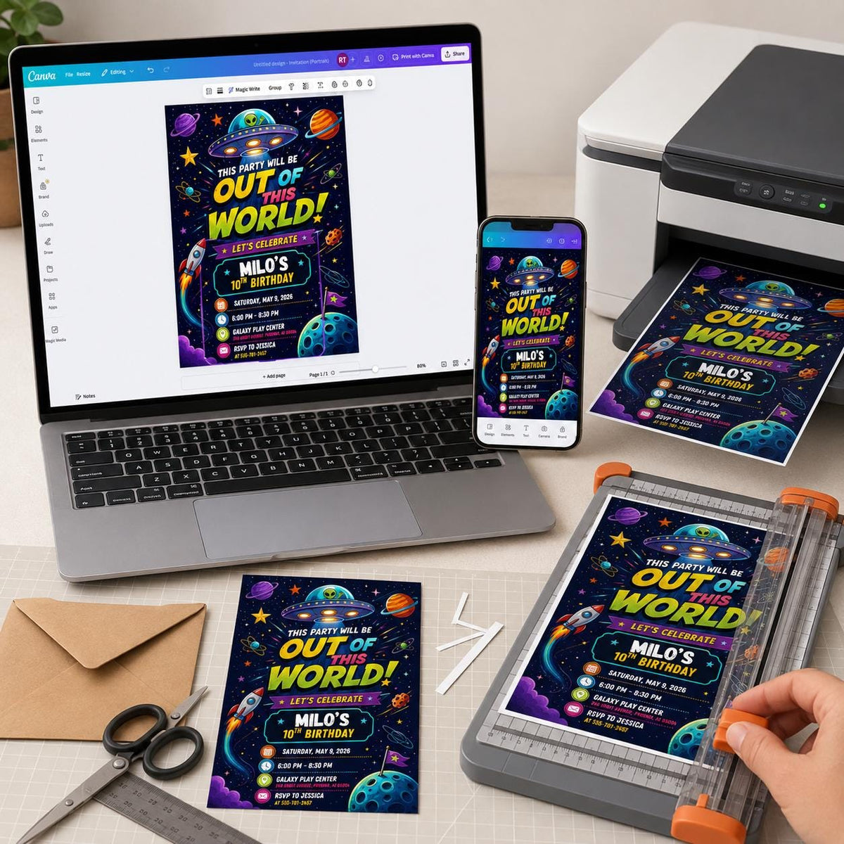 Space Birthday Invitation: Out of This World Party — print-ready birthday party design from VoltBy