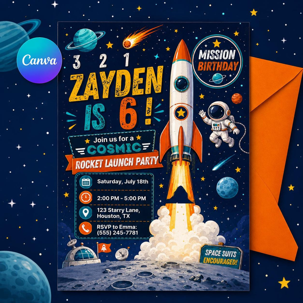 Space Birthday Invitation: Rocket Launch Party — editable Canva template