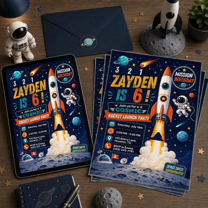 Space Birthday Invitation: Rocket Launch Party — invitation you personalize in Canva