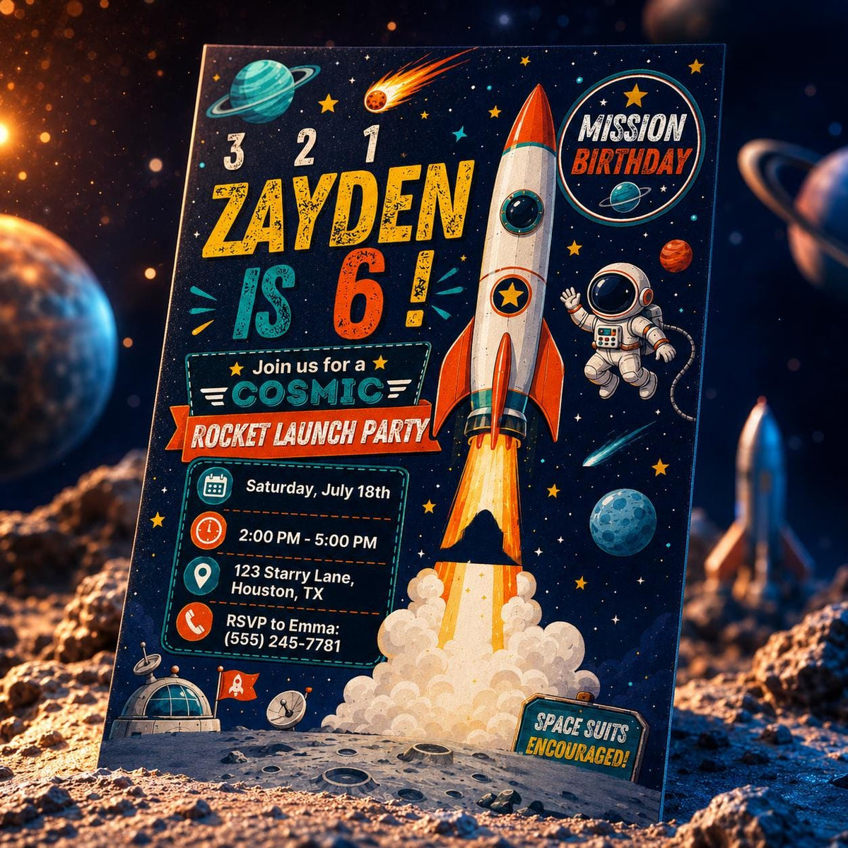 Space Birthday Invitation: Rocket Launch Party — print-ready birthday party design from VoltBy