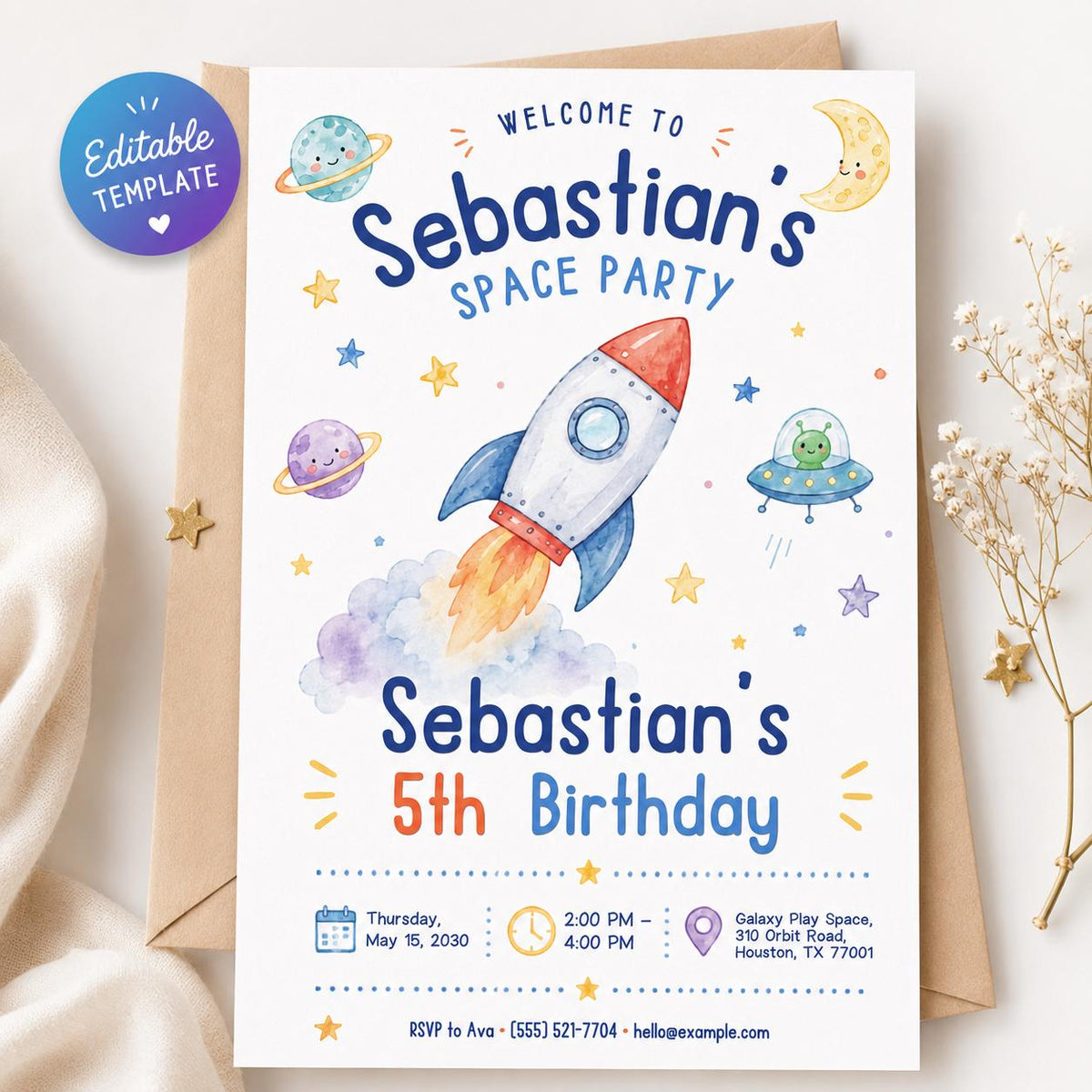 Space Birthday Invitation: Rocket Ship Outer Space Kids Party — editable Canva template