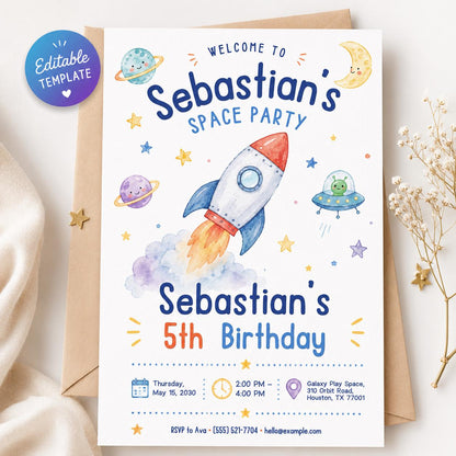 Space Birthday Invitation: Rocket Ship Outer Space Kids Party — editable Canva template