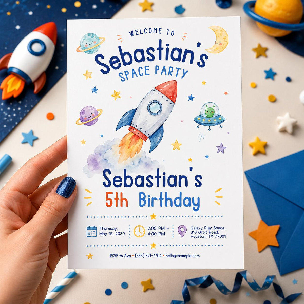 Space Birthday Invitation: Rocket Ship Outer Space Kids Party — print-ready birthday party design from VoltBy