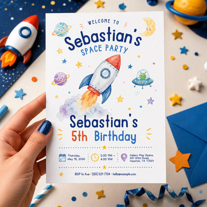 Space Birthday Invitation: Rocket Ship Outer Space Kids Party — print-ready birthday party design from VoltBy
