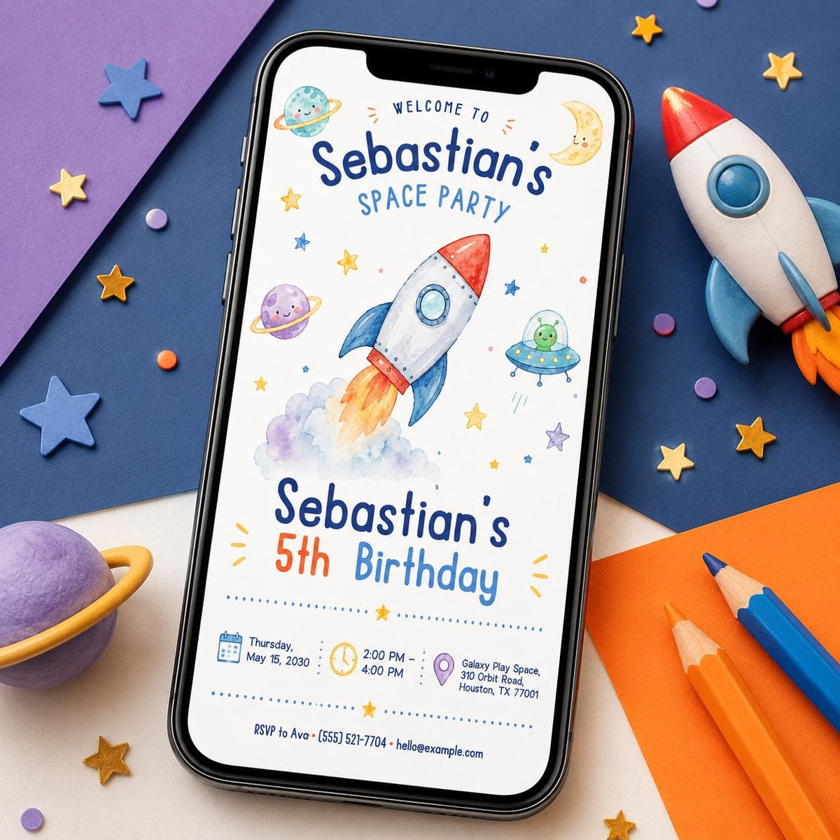 Space Birthday Invitation: Rocket Ship Outer Space Kids Party — digital invitation, instant download