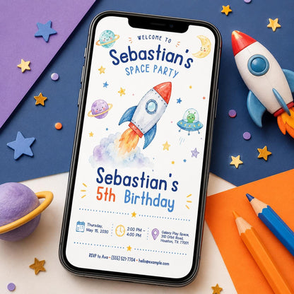 Space Birthday Invitation: Rocket Ship Outer Space Kids Party — digital invitation, instant download