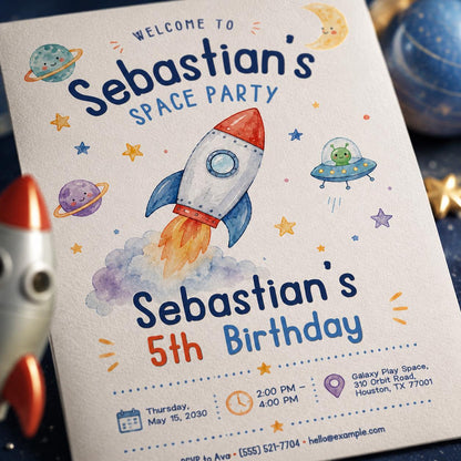 Space Birthday Invitation: Rocket Ship Outer Space Kids Party — birthday party stationery by VoltBy