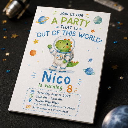 Space Dinosaur 8th Birthday Invitation: Astronaut Dino 8th Birthday — earth design