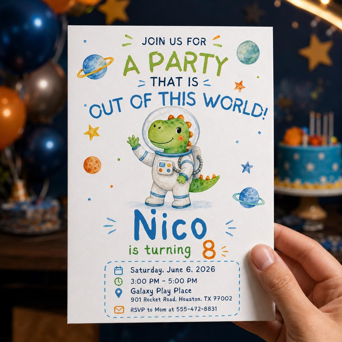 Space Dinosaur 8th Birthday Invitation: Astronaut Dino 8th Birthday — invitation you personalize in Canva