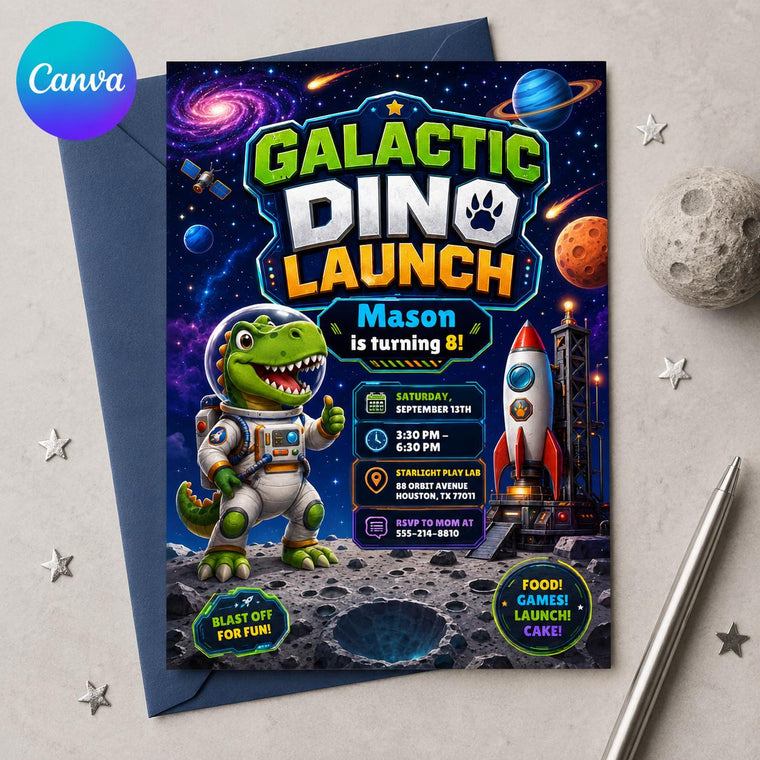 Space Dinosaur 8th Birthday Invitation: Galactic Dino Launch 8th Birthday