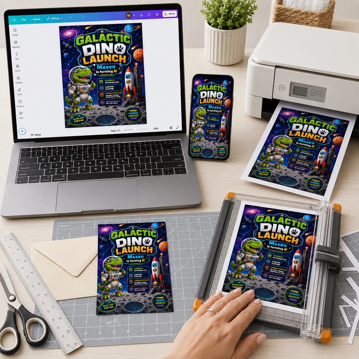 Space Dinosaur 8th Birthday Invitation: Galactic Dino Launch 8th Birthday — invitation you personalize in Canva