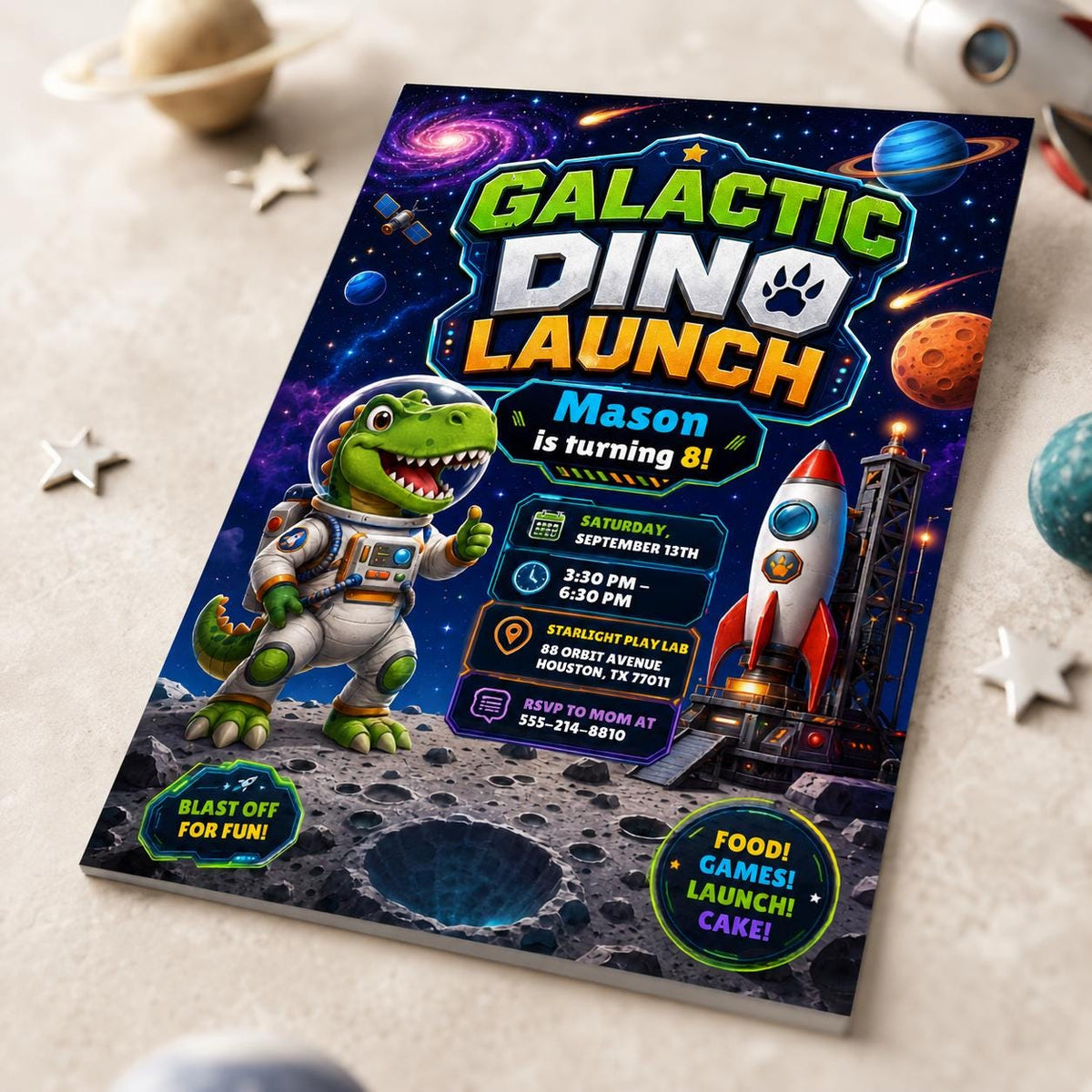 Space Dinosaur 8th Birthday Invitation: Galactic Dino Launch 8th Birthday — print-ready 8th birthday party design from VoltBy