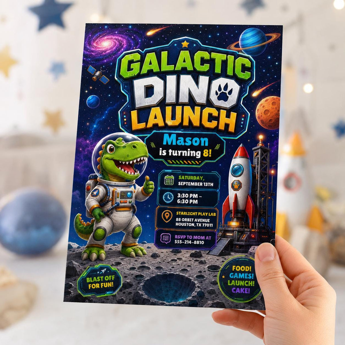 Space Dinosaur 8th Birthday Invitation: Galactic Dino Launch 8th Birthday — digital invitation, instant download