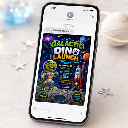 Space Dinosaur 8th Birthday Invitation: Galactic Dino Launch 8th Birthday — 8th birthday party stationery by VoltBy