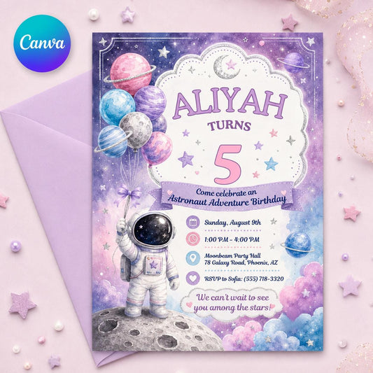 Space Pastel Astronaut Bday Invitation for Girls — editable Canva template