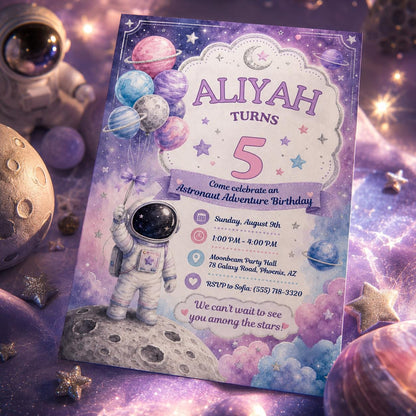 Space Pastel Astronaut Bday Invitation for Girls — celestial design