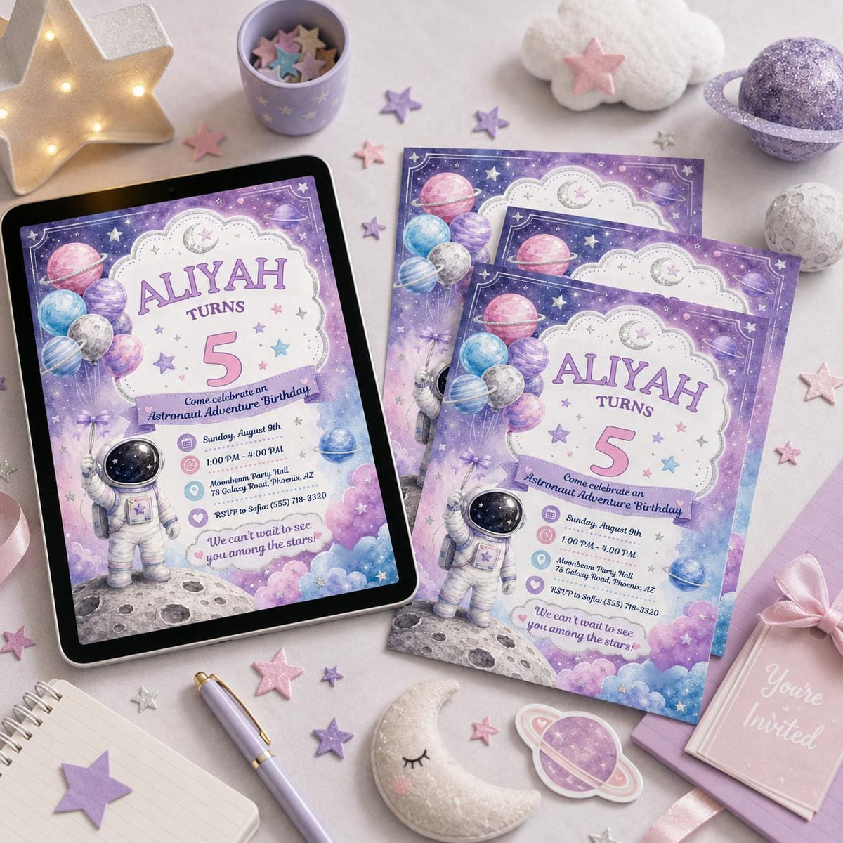 Space Pastel Astronaut Bday Invitation for Girls — invitation you personalize in Canva