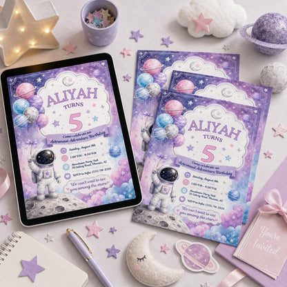 Space Pastel Astronaut Bday Invitation for Girls — invitation you personalize in Canva