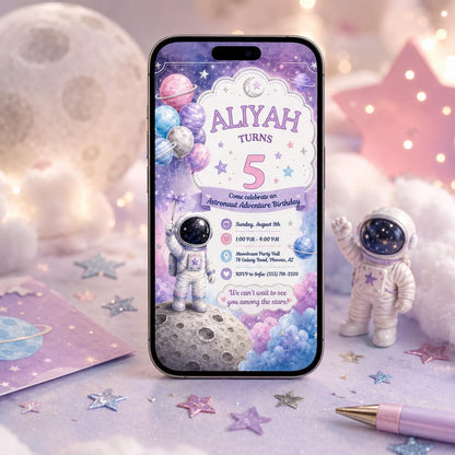 Space Pastel Astronaut Bday Invitation for Girls — print-ready 5th birthday party design from VoltBy