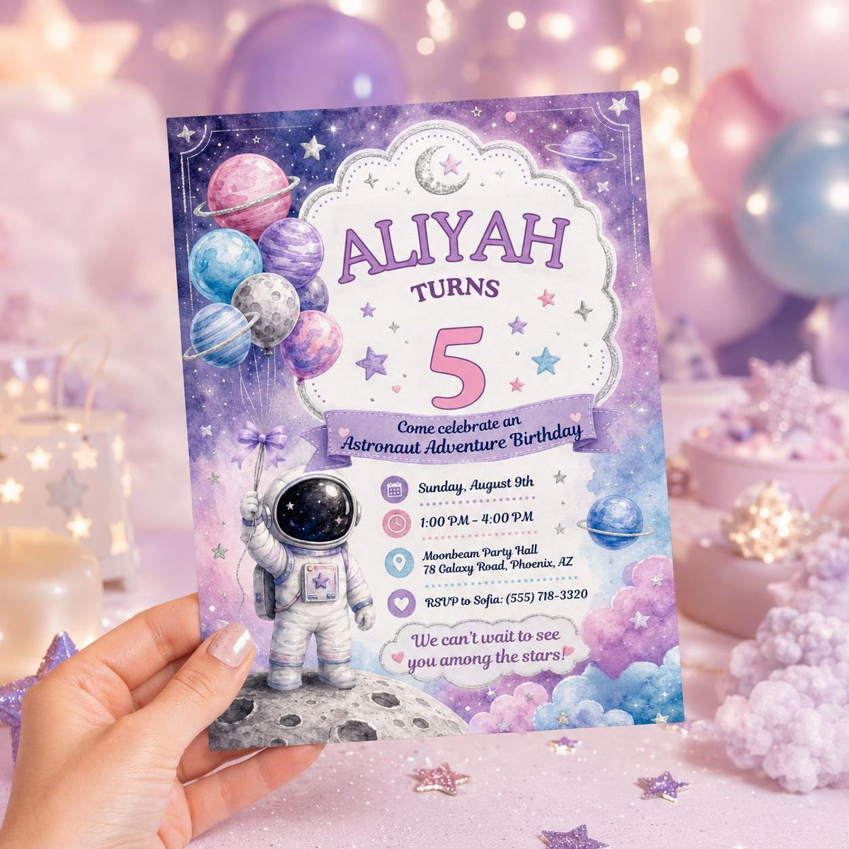 Space Pastel Astronaut Bday Invitation for Girls — digital invitation, instant download