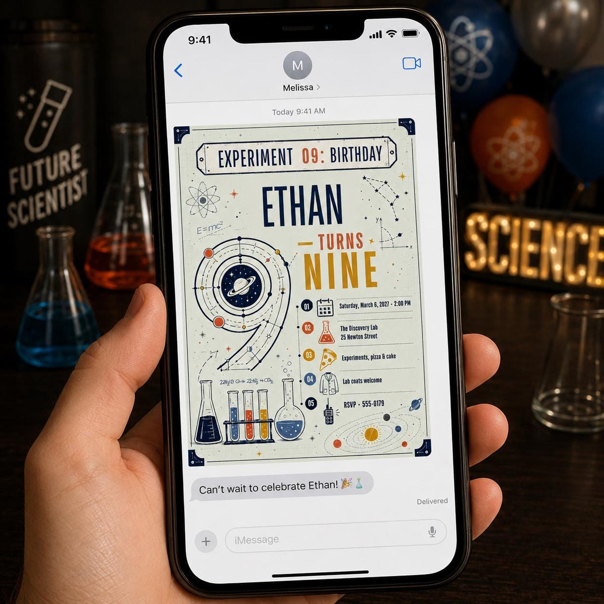 Space Science 9th Birthday Invitation — invitation you personalize in Canva