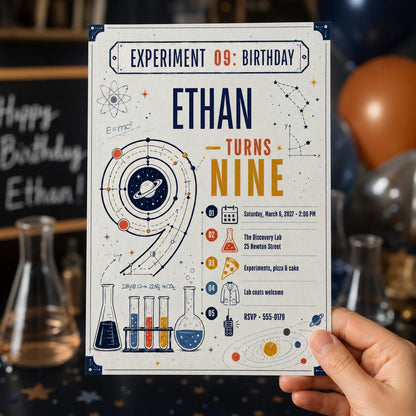 Space Science 9th Birthday Invitation — print-ready 9th birthday party design from VoltBy