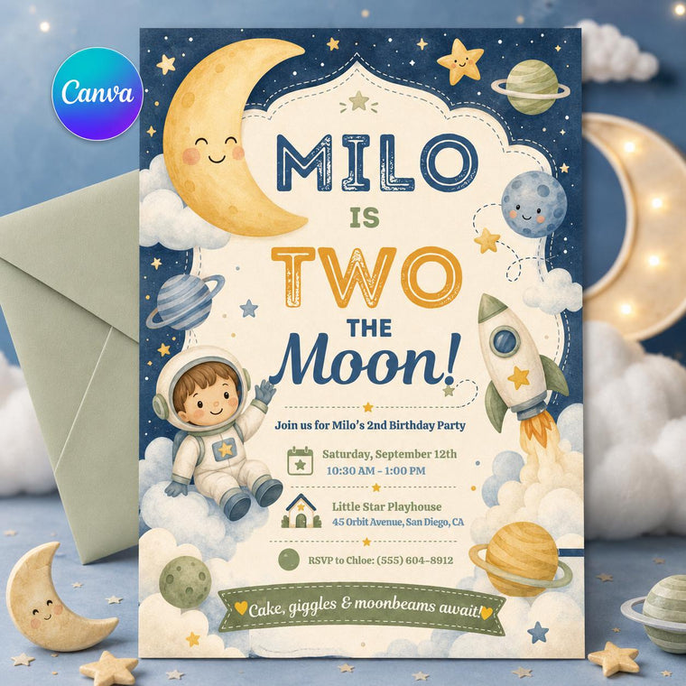 Space Two The Moon Birthday Invitation