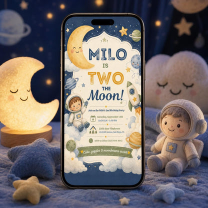 Space Two The Moon Birthday Invitation — celestial design