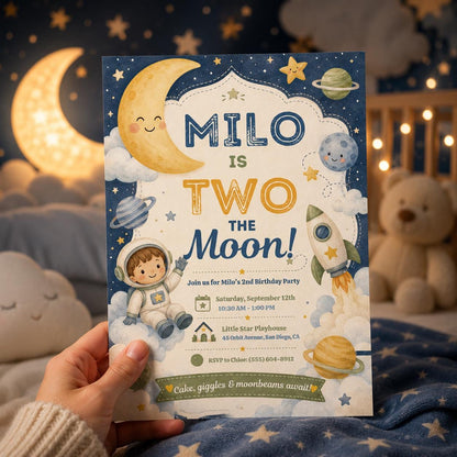 Space Two The Moon Birthday Invitation — print-ready 2nd birthday party design from VoltBy