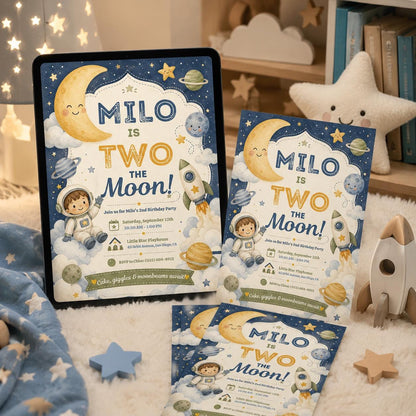 Space Two The Moon Birthday Invitation — digital invitation, instant download