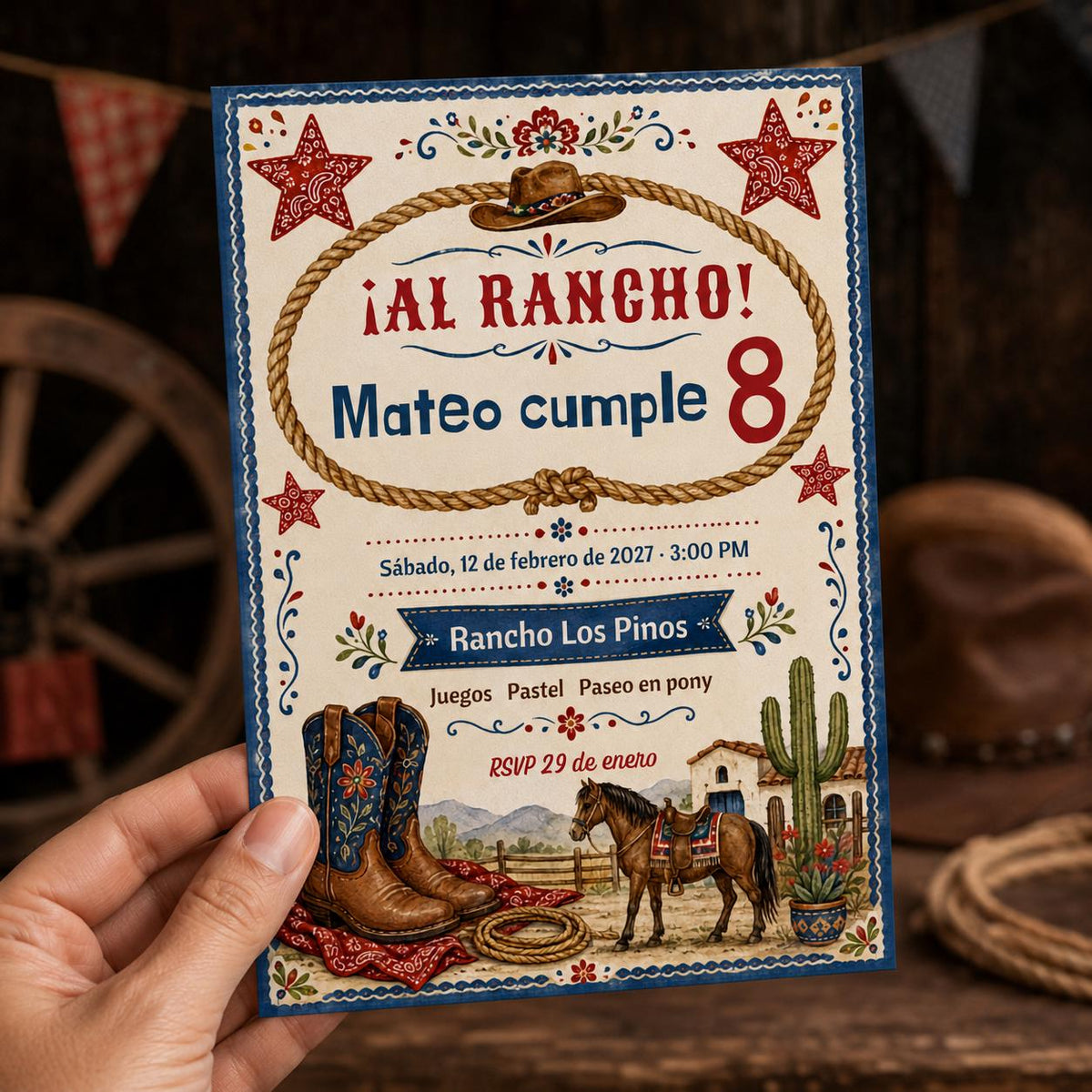 Spanish Cowboy 8th Birthday Invitation — print-ready 8th birthday party design from VoltBy
