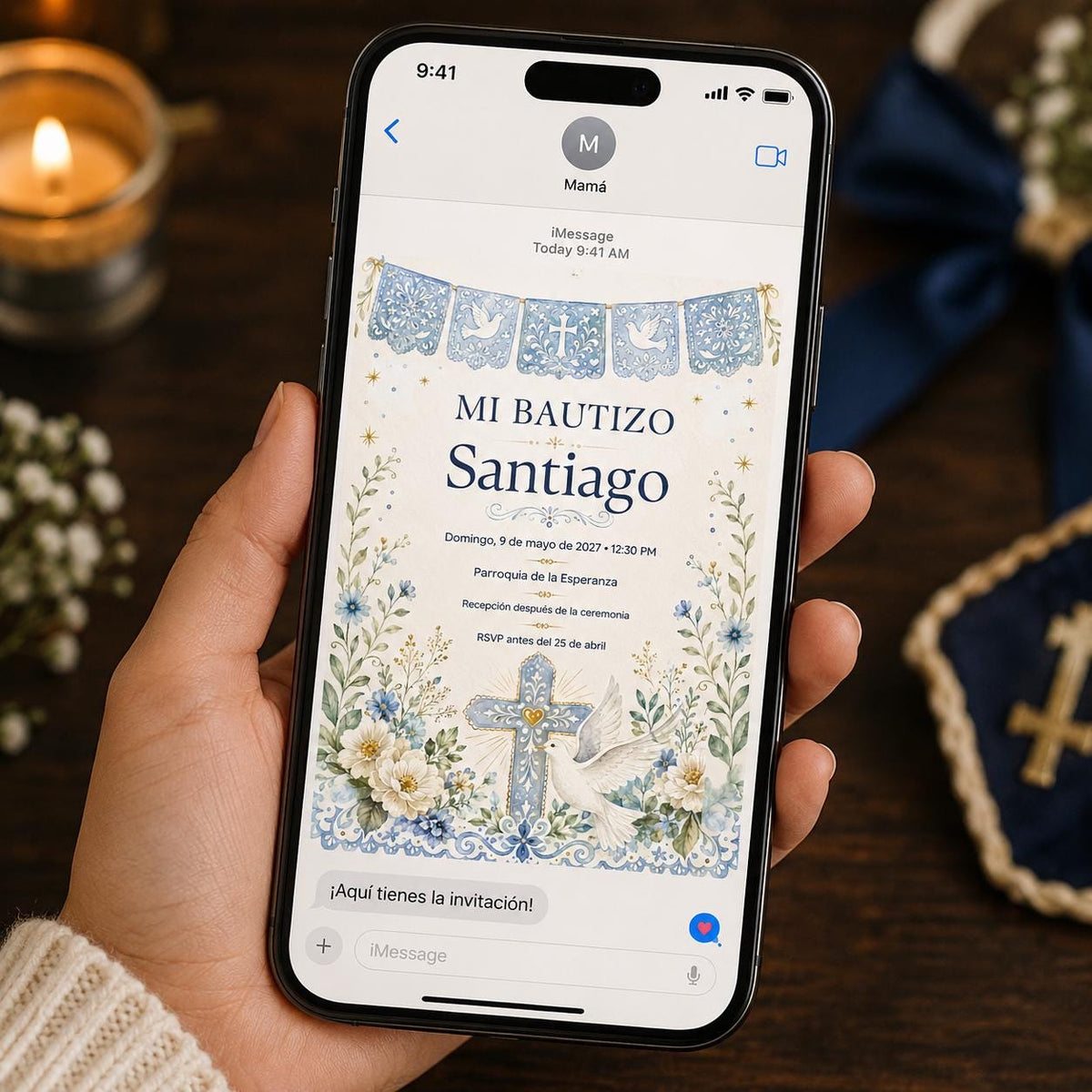 Spanish Mi Bautizo Blue Papel Picado Invitation in white