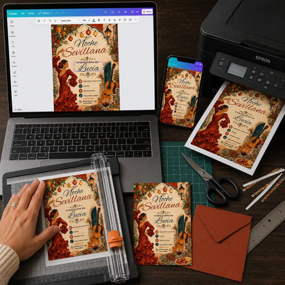 Spanish Noche Sevillana Birthday Invitation with Flamenco Dancer — invitation you personalize in Canva