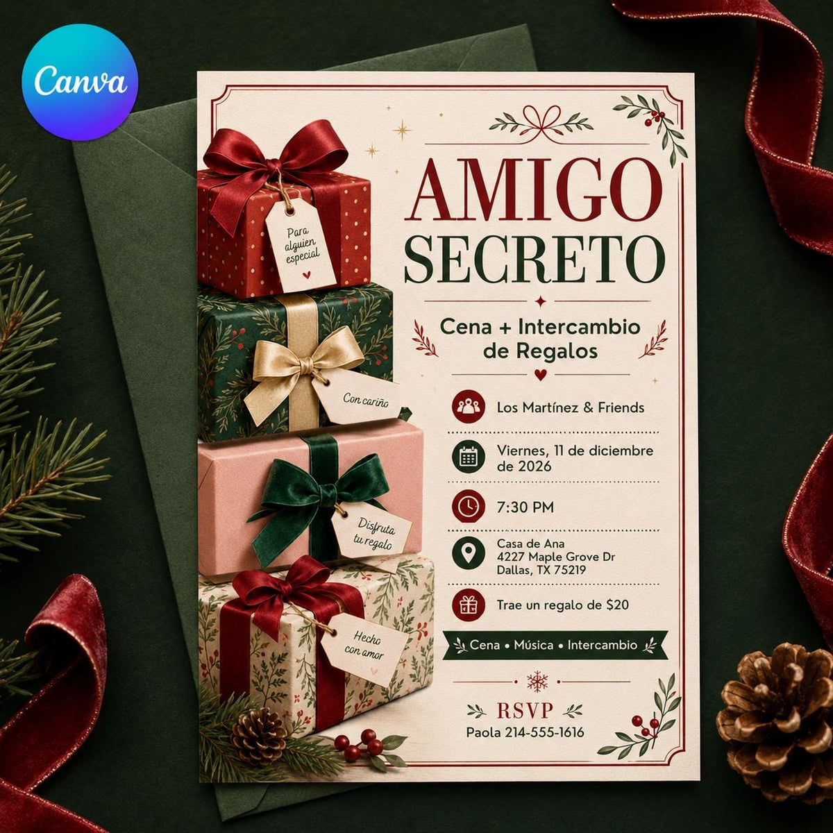 Spanish Secret Santa Invitation — editable Canva template