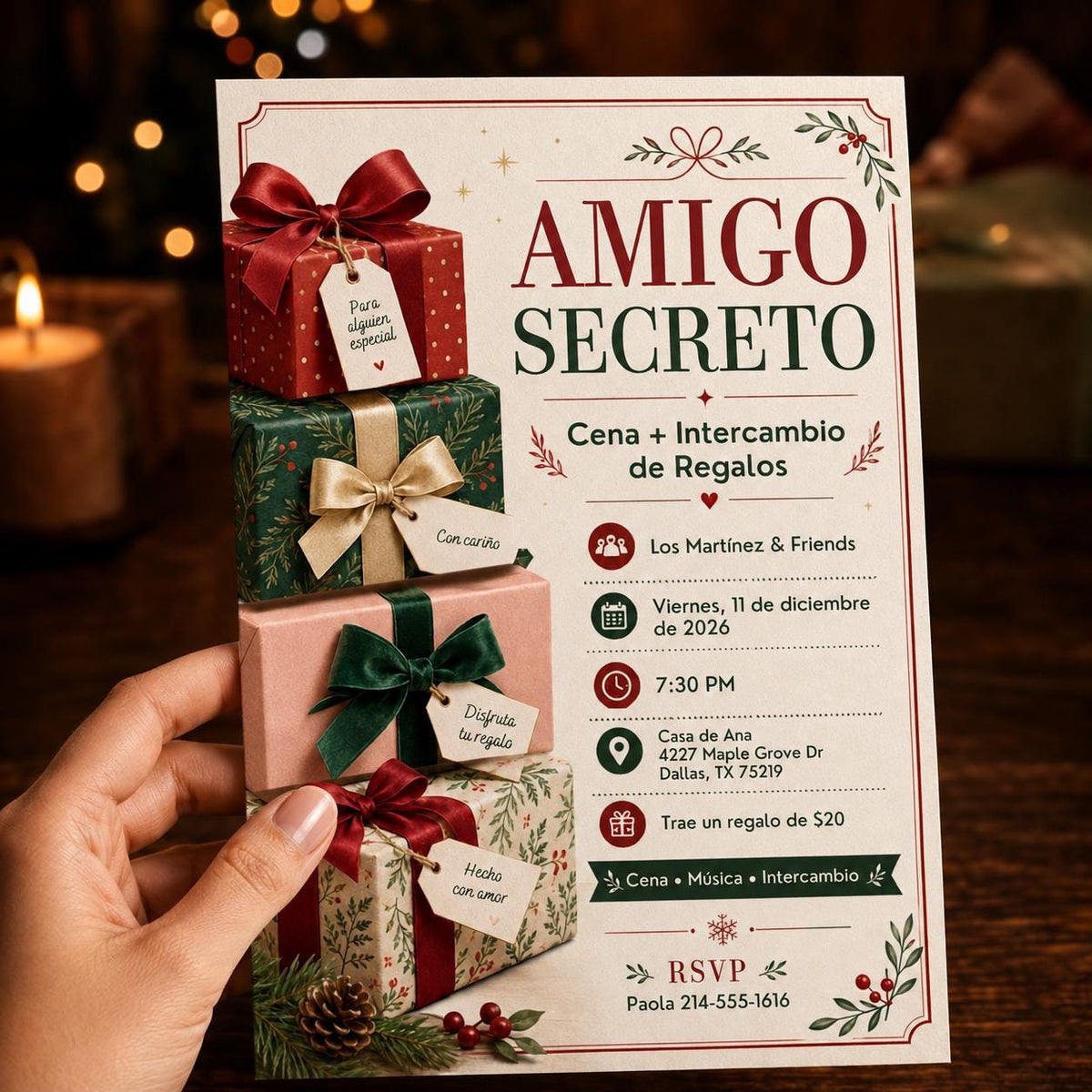 Spanish Secret Santa Invitation — print-ready Christmas celebration design from VoltBy