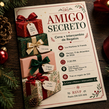 Spanish Secret Santa Invitation — Christmas celebration stationery by VoltBy