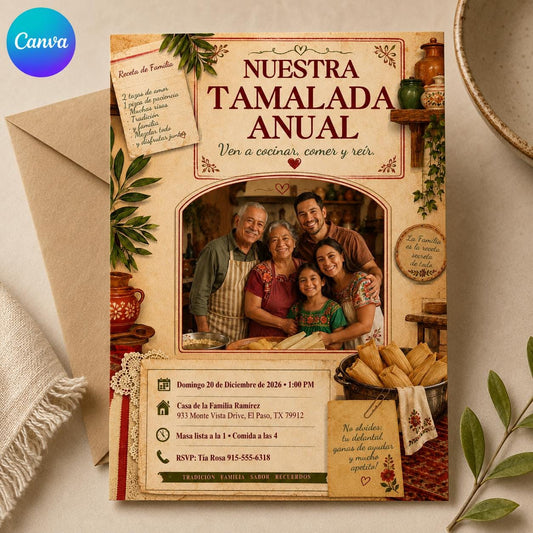 Spanish Tamalada Christmas Family Party Invitation — editable Canva template