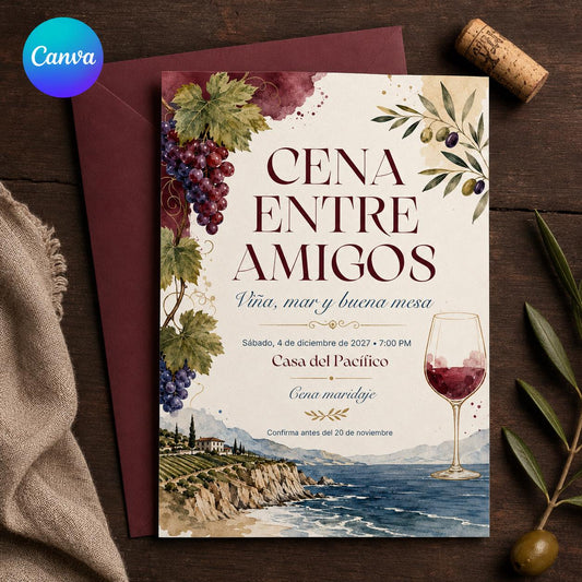 Spanish Wine Dinner Invitation — editable Canva template