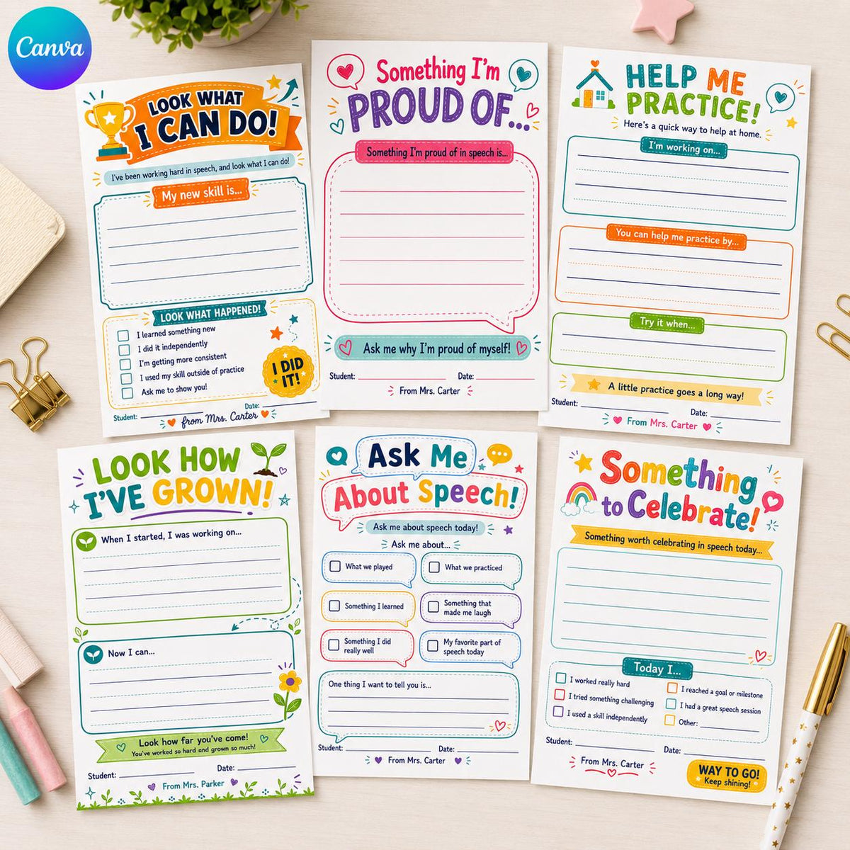 Speech Therapy Parent Communication Notes — editable Canva template