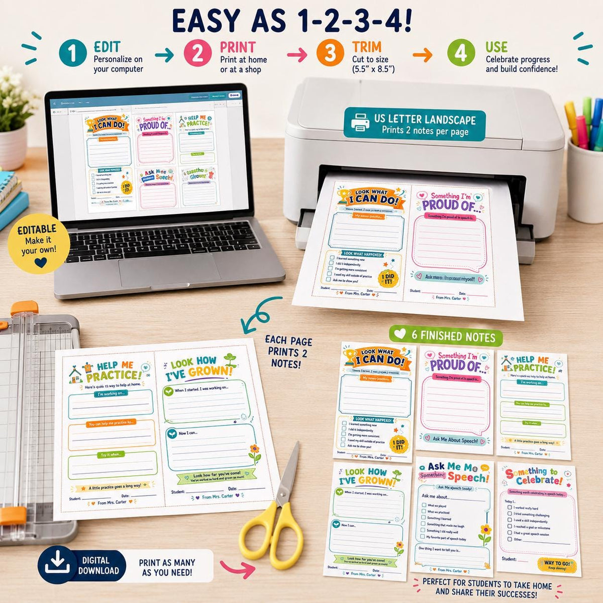 Speech Therapy Parent Communication Notes in blue and green