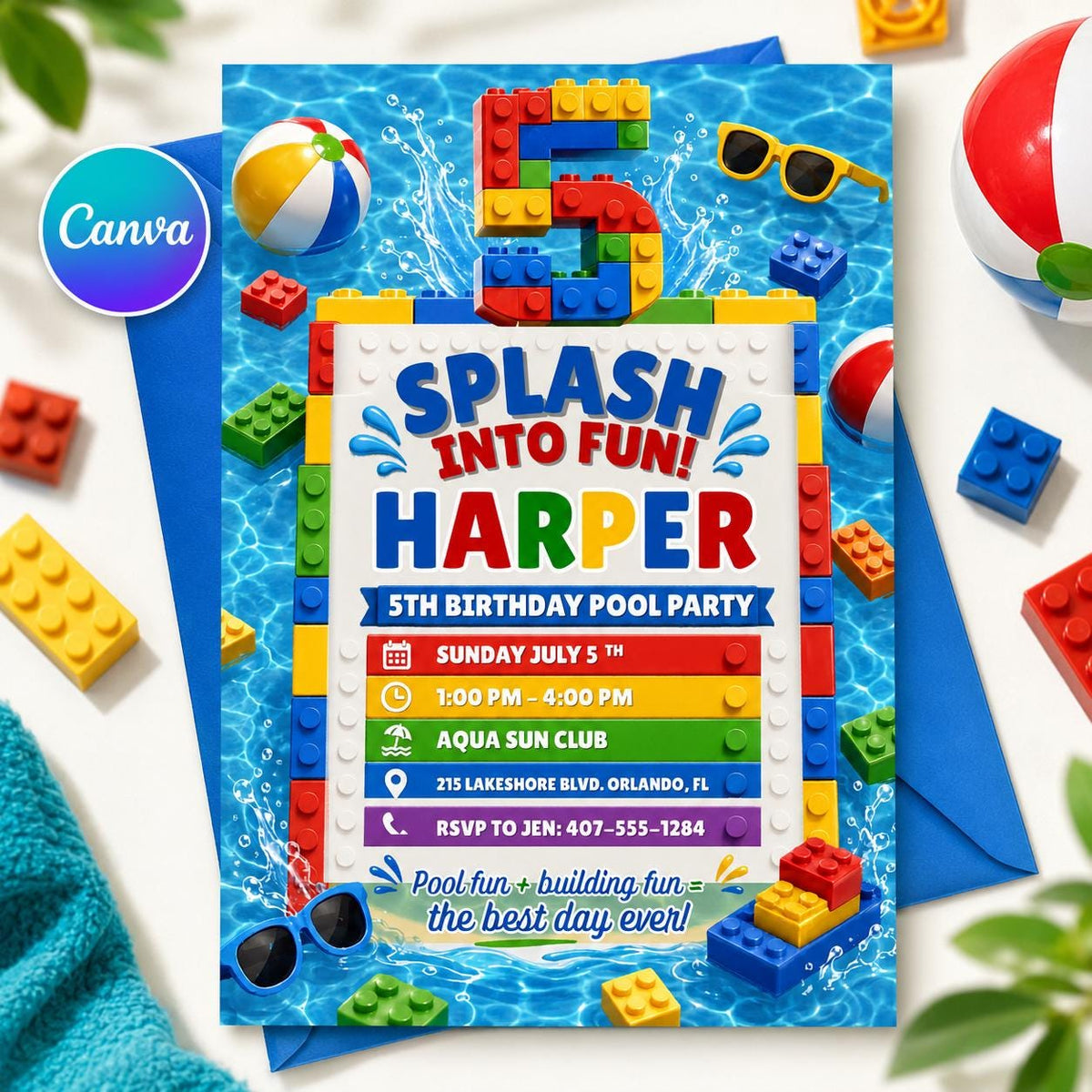 Splash Into Fun Building Block 5th Birthday Pool Invitation