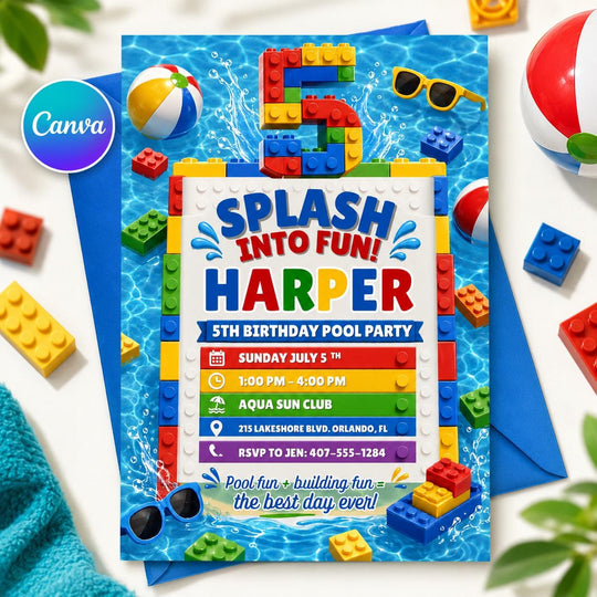 Splash Into Fun Building Block 5th Birthday Pool Invitation
