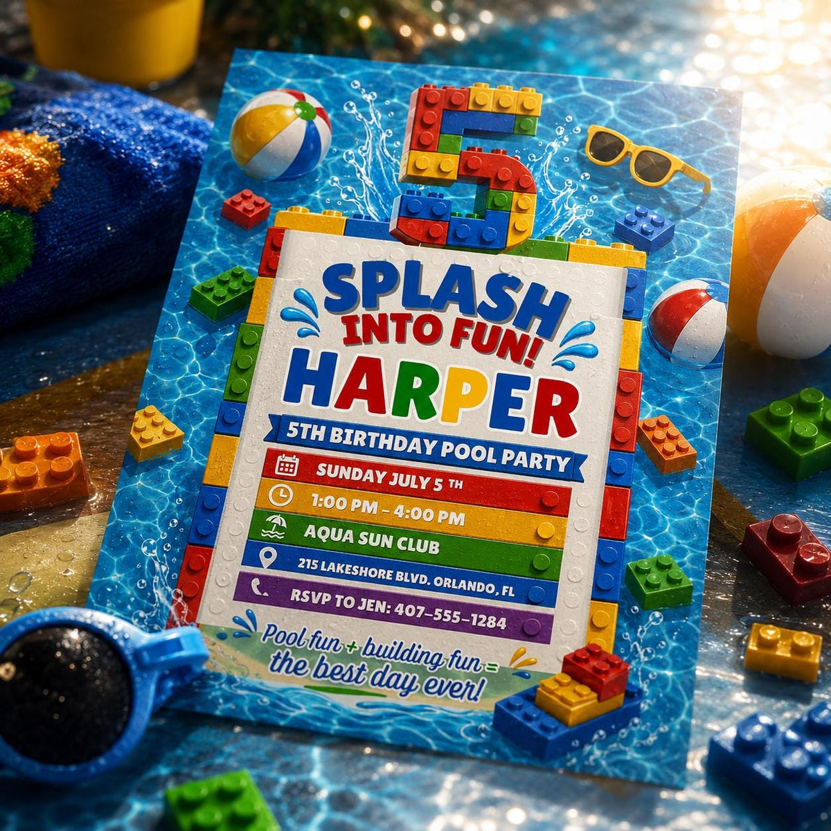 Splash Into Fun Building Block 5th Birthday Pool Invitation — building blocks and pool design for a 5th birthday party