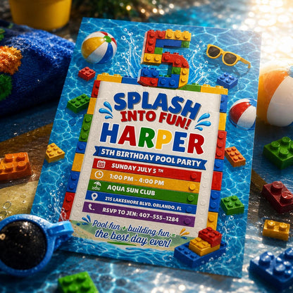 Splash Into Fun Building Block 5th Birthday Pool Invitation — building blocks and pool design for a 5th birthday party