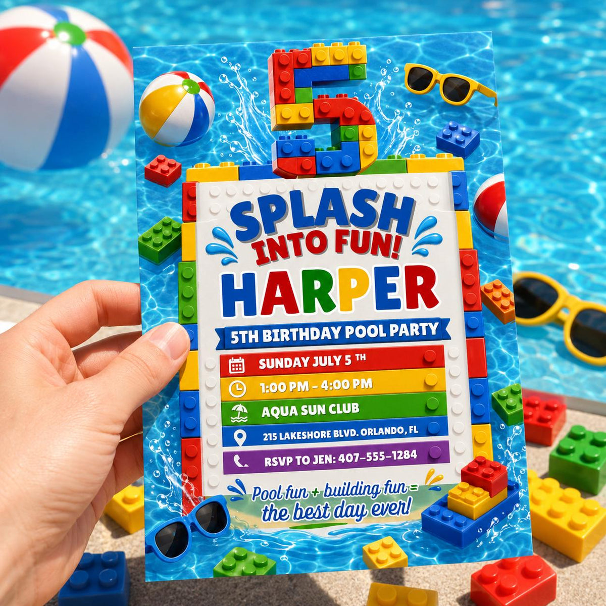 Splash Into Fun Building Block 5th Birthday Pool Invitation in blue and red