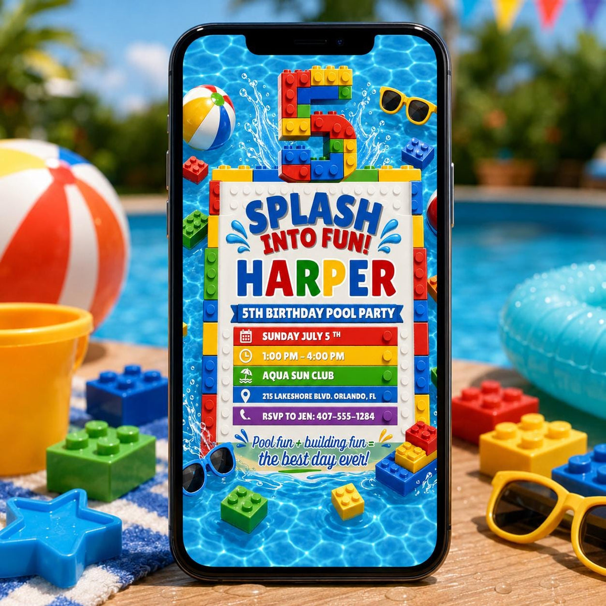 Splash Into Fun Building Block 5th Birthday Pool Invitation — editable Canva template for a 5th birthday party